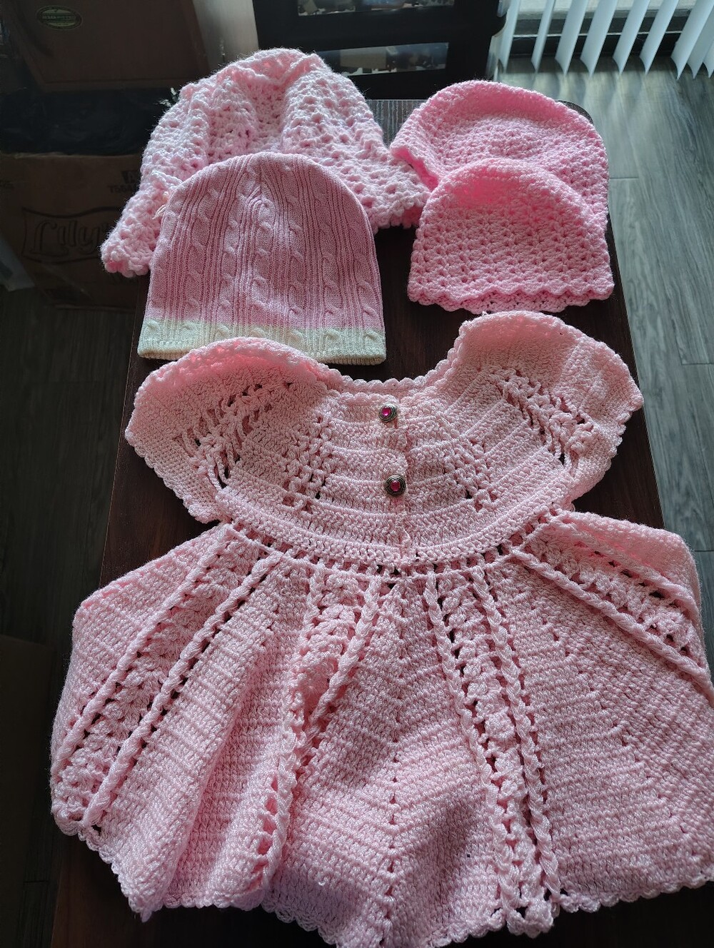Crochet Pink Baby Set 1 Dress & 4 Matching Set Handmade